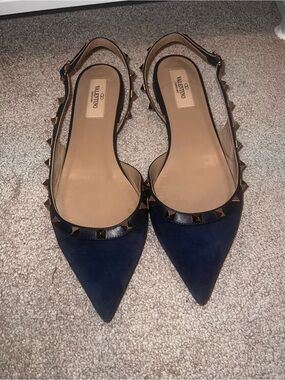 Valentino Navy Suede Pointed Slingback Flats with Gold Rockstuds